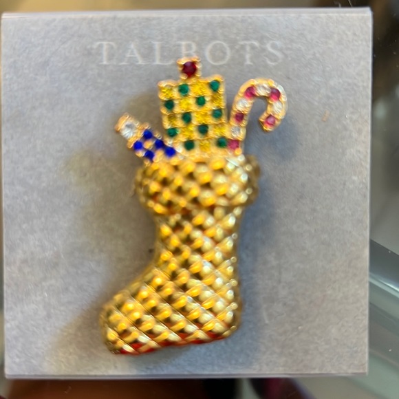 NWT Talbots Christmas Stocking Brooch Gold with colored stones - Picture 1 of 3